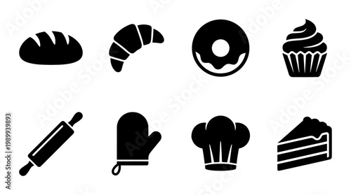 Bakery icon set with 8 black silhouettes, bread and pastry symbols for cafe menus, professional baking tools and dessert vector illustrations