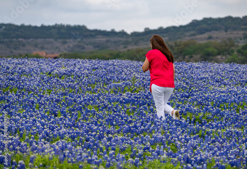 Εκτύπωση καμβά Person in a field of Texas bluebonnets at Muleshoe Bend Recreation Area, Marble Falls in Travis County
