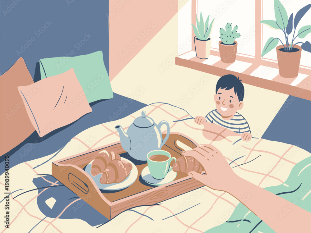 Obraz premium Breakfast in bed, morning routine, cozy bedroom, vector illustration, flat design, colorful scene