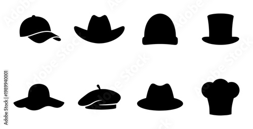 Minimalist hat silhouette icons set, black headwear vector collection including cowboy hat and baseball cap, professional uniform and fashion hats