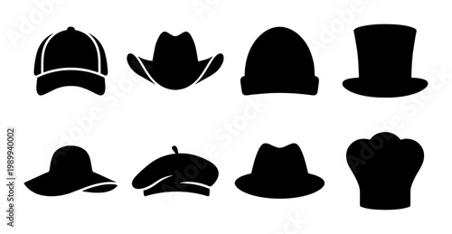 Black hat silhouettes set, 8 headwear vector icons including cowboy hat and baseball cap, fashion accessory collection for apparel design