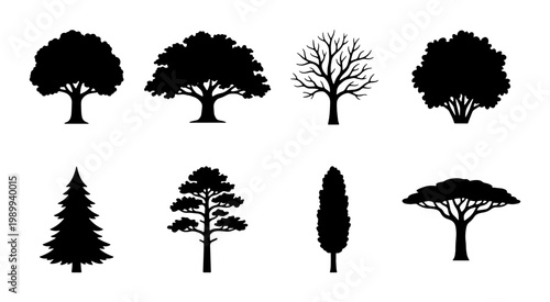 Black tree silhouettes collection, set of 8 nature icons, deciduous and evergreen tree shapes, minimalist botanical vector elements for landscape design