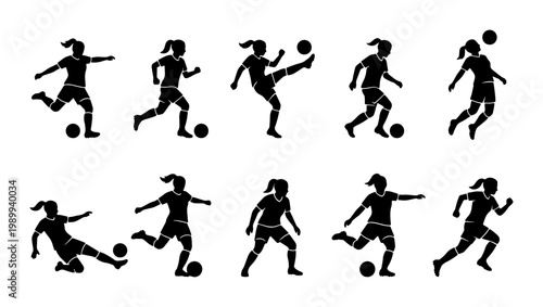 Female soccer player silhouettes set, 10 women football athlete vector icons, black girl soccer player poses, professional sports competition graphics