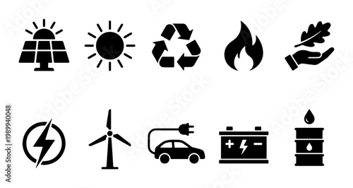 Renewable energy icons set, sustainable ecology vector symbols, green power and clean technology collection, 10 black minimalist environmental signs