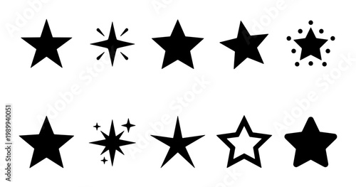 Minimalist black star icons set, 10 decorative celestial vector elements, simple flat star shapes for rating and ranking, sparkling geometric star symbols