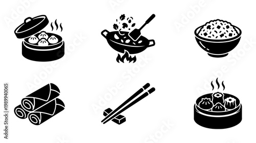 Chinese food icon set, black and white asian cuisine vector illustrations, dim sum and wok cooking symbols, 6 restaurant menu graphic elements