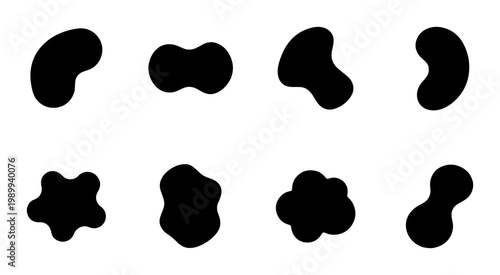 Abstract organic liquid shapes, set of 8 black amorphous blob silhouettes, minimalist fluid vector elements for modern graphic design and branding