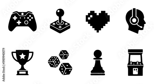 Retro gaming icons set, black video game symbols including controller and arcade machine, 8 gaming vector elements for esports and hobby UI design