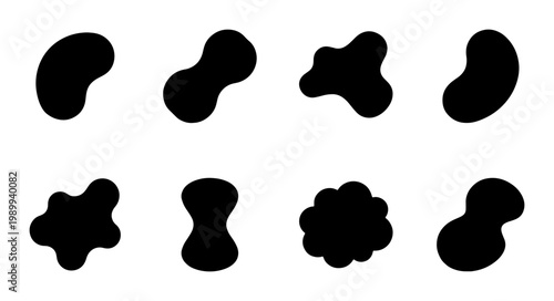 Organic liquid blob silhouettes, set of 8 abstract amoeba shapes, black fluid pebble vector elements for modern graphic design and branding