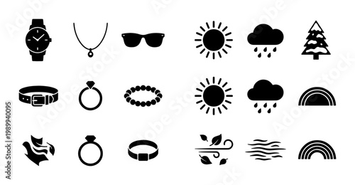 Minimalist lifestyle and weather icon set, 18 black flat vector symbols, fashion accessories and nature elements for web design and mobile apps