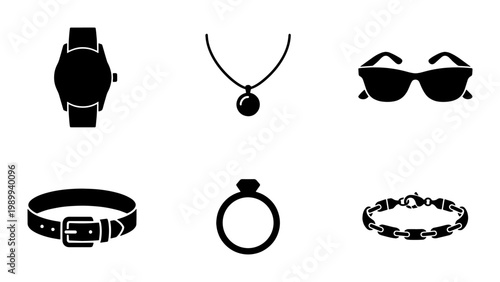 Minimalist fashion accessories icon set, black silhouette jewelry and apparel elements, 6 vector symbols including watch, sunglasses, and ring