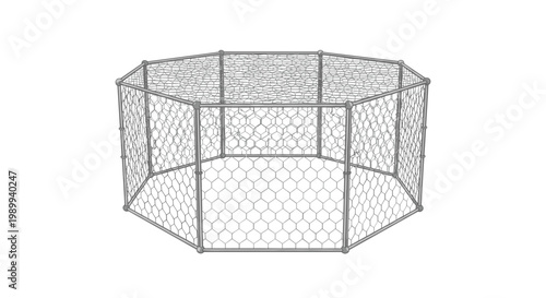 An intricate octagonal enclosure constructed from silver hexagonal chicken wire mesh features rounded ball joints and a sturdy metallic frame on white space.