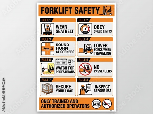 Forklift safety rules sign with warning symbols and instructions for warehouse workers