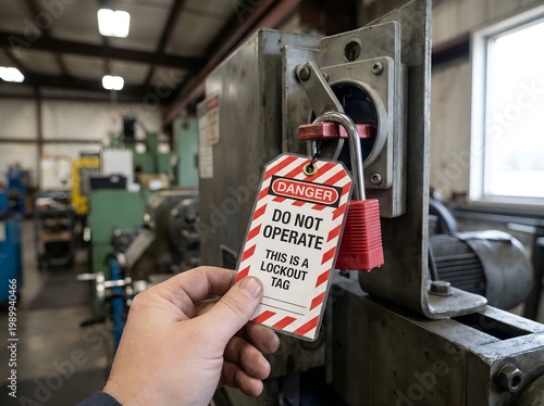 Hand holding danger tag on industrial machine with lockout in factory setting for safety