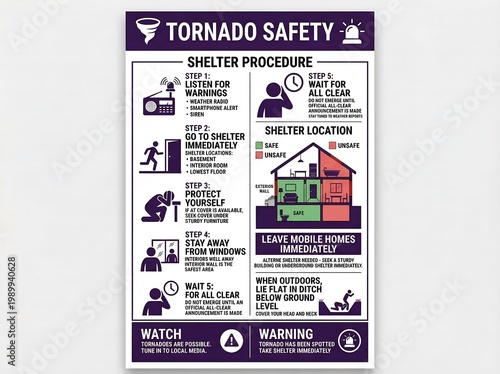Tornado safety shelter procedure poster with instructions and warning signs for emergency situations
