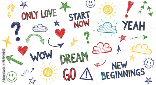 Colorful motivational words and symbols illustration for inspiration and positivity in daily life with arrows and emojis encouragement