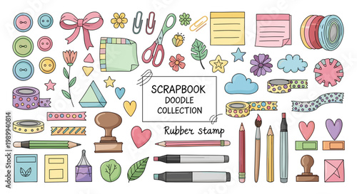 Colorful Scrapbook Doodle Collection Vector Illustration of Various Crafting Supplies and Decorative Elements for Creative Projects and Stationery Design