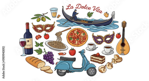 La Dolce Vita Italian Lifestyle Concept with Food, Drinks, and Cultural Icons in a Circular Vector Illustration Design Element