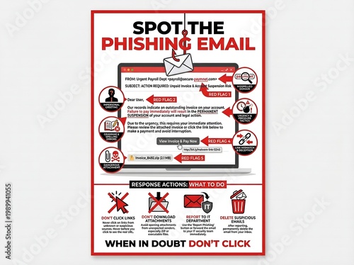 Spot the phishing email poster with red border and icons on white background