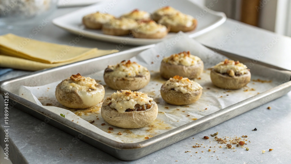 Fototapeta premium Photorealistic stuffed mushrooms on tray with creamy filling and baked tops, casual clean appetizer scene, soft natural light