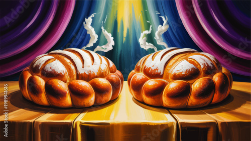 Traditional Day of the Dead Bread Loaves on Wooden Table with Steam and Dramatic Light, Colorful Festive Digital Painting