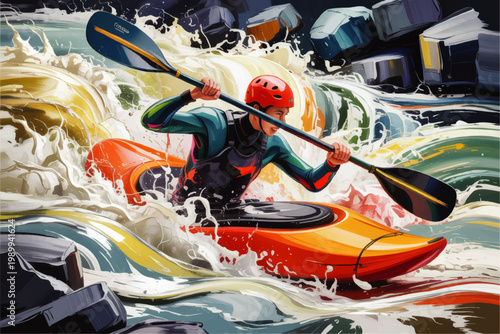 Dynamic whitewater kayaking illustration with athlete in red helmet paddling orange kayak through wild river rapids