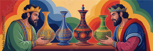 Two crowned kings admiring ornate ceramic vases in colorful medieval folk art illustration with decorative patterns