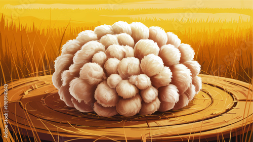 Detailed lion mane mushroom illustration on rustic wood in golden meadow, organic gourmet fungi art for culinary and nature themes