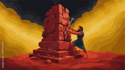 Ancient bearded man breaking stone idol with hammer in desert at night, dramatic biblical scene, symbolic faith illustration