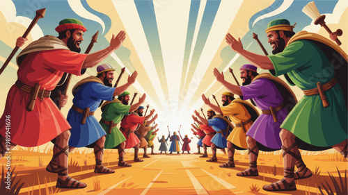 Biblical scene of parted sea with ancient warriors in colorful robes forming a passage, dramatic sunlight and spiritual triumph