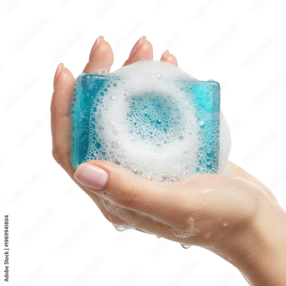 Fototapeta premium A youthful female hand with pink manicured nails holding a translucent blue soap bar with white suds in macro detail and soft lighting concept of purity
