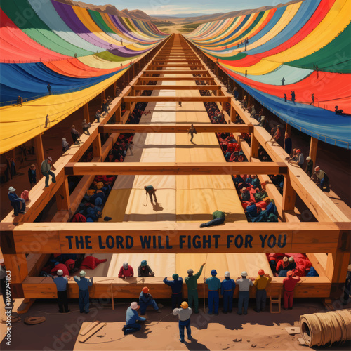Biblical Exodus Tabernacle Construction with Colorful Fabric Canopy, Desert Worship Scene and Inspirational Faith Message