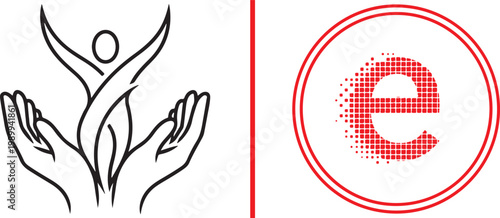Set of minimalist vector logos featuring a stylized human figure with supporting hands and a red pixelated letter e icon for branding and corporate identity