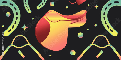 Retro futuristic equestrian sports illustration with glowing neon horse saddle horseshoes and riding crops on a dark starry background