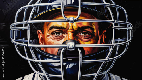 Intense baseball catcher portrait illustration with helmet and metal mask, dramatic close up sports artwork on dark background