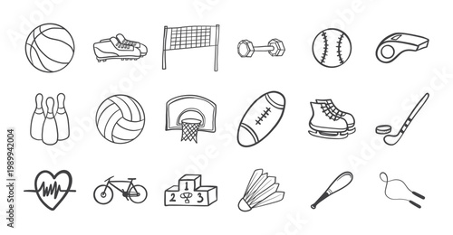 Hand Drawn Sports Icons Set Doodle Style Collection Vector