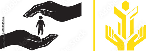 Vector illustration of hands protecting a human figure for insurance, care, and social support concepts