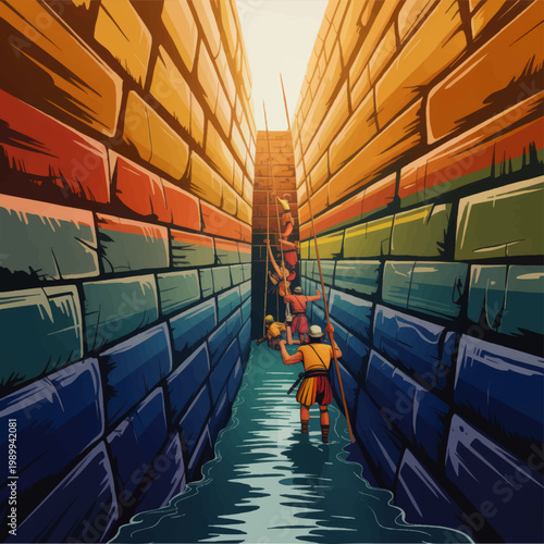 Ancient canal workers navigating a towering stone passage with water, colorful historical illustration of monumental architecture