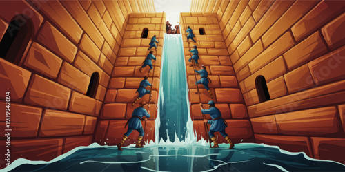 Ancient fortress siege with soldiers scaling castle walls beside waterfall in medieval battle scene digital illustration