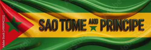 Sao Tome and Principe flag with bold country name typography on waving fabric background in green yellow red national colors