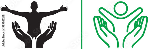 Human care and support vector icons set with silhouette and line art of hands holding a person for charity and wellness