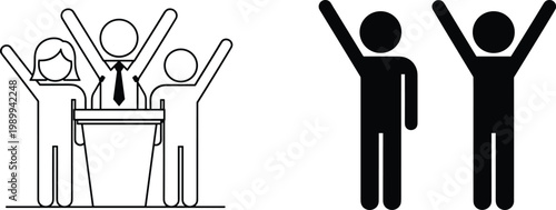 Crowd of People Raising Hands at Podium for Election Speech and Protest Icon Vector Set for Leadership Political Campaign and Public Voting Graphic Design