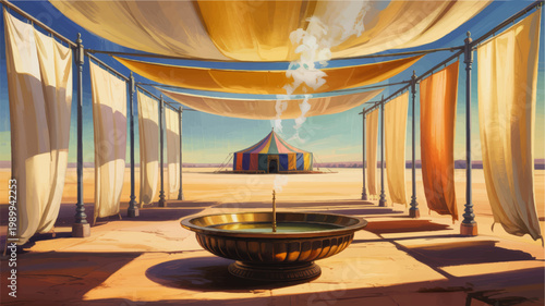 Desert oasis pavilion with flowing fabric canopies, incense basin and distant striped tent in warm sunlight illustration