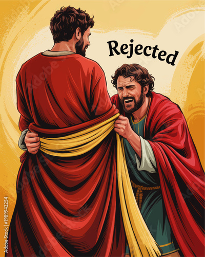Biblical Illustration of Rejection and Grief, Ancient Men in Robes, Emotional Faith Scene with Text Rejected