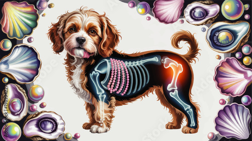 Cute Cavalier King Charles Spaniel anatomy illustration with glowing skeleton pearls seashell border whimsical veterinary art