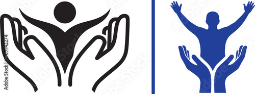 Vector icons of a person cradled by hands representing care support and community protection for social welfare design