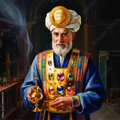 Biblical High Priest Portrait in Sacred Temple Interior with Golden Breastplate Incense Censer and Holy Turban Illustration