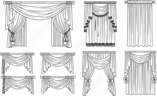 Classic Window Curtain and Drapery Vector Line Art Set with Elegant Valances and Pelmets for Interior Home Decor Graphic Design