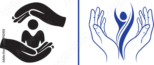 Human care and protection icons set with hands holding a person vector illustration for charity and insurance concepts