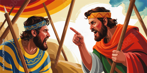 Dramatic ancient battle argument between rival warriors with spears and banners, colorful historical illustration